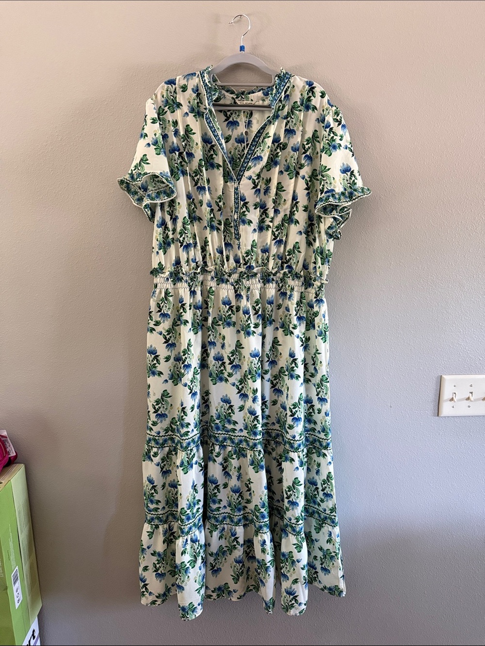 Max Studio Cream Maxi Dress with Blue and Green Floral Print